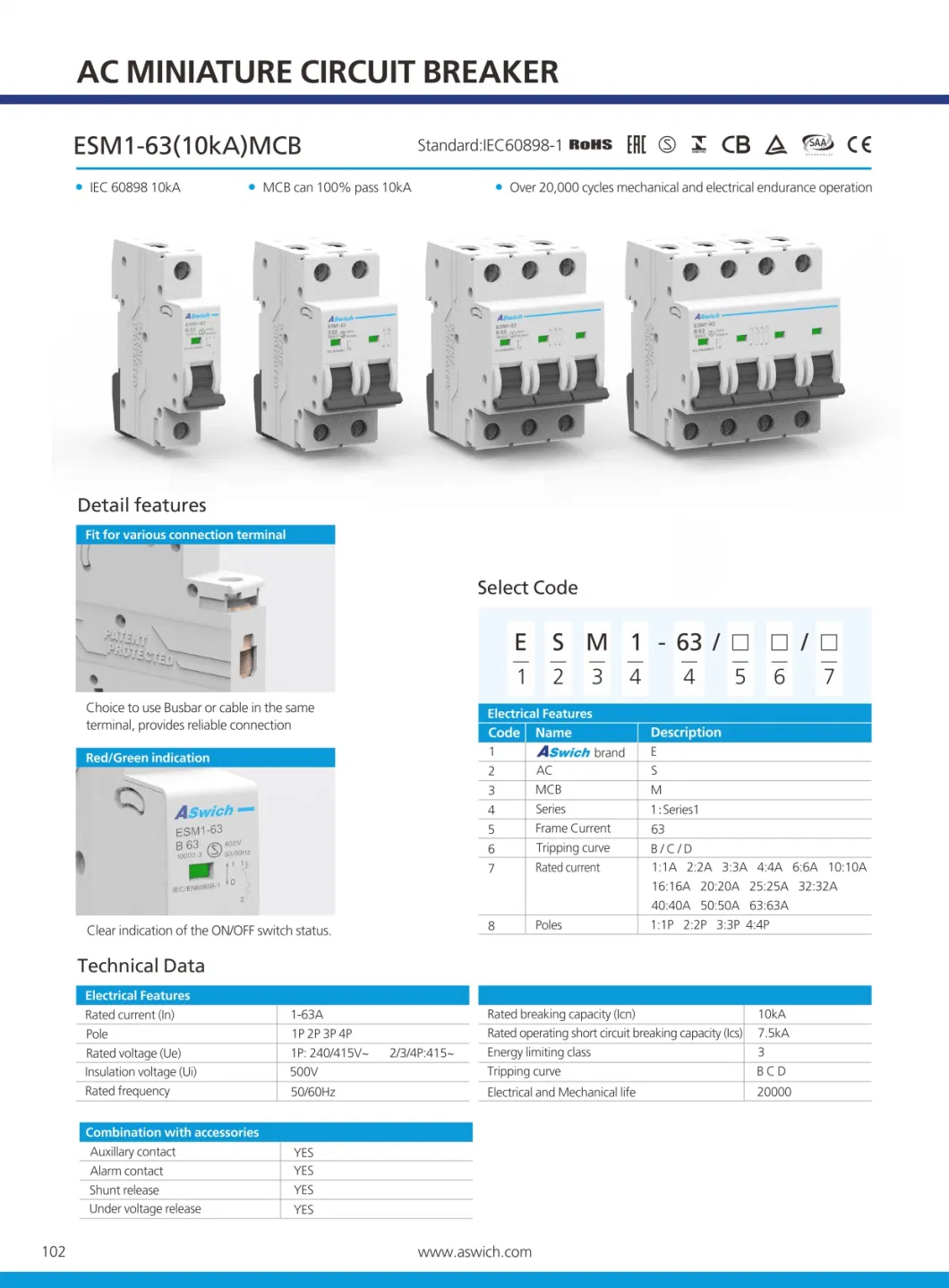 20A 32A 63A 2p 3p AC Mini Circuit Breaker MCB